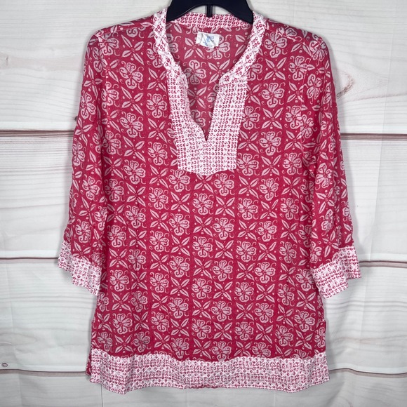 Sigrid Olsen Tops - Sigrid Olsen Tunic Top Women Small Pink Floral Cotton Embroidered V-Neck Blouse